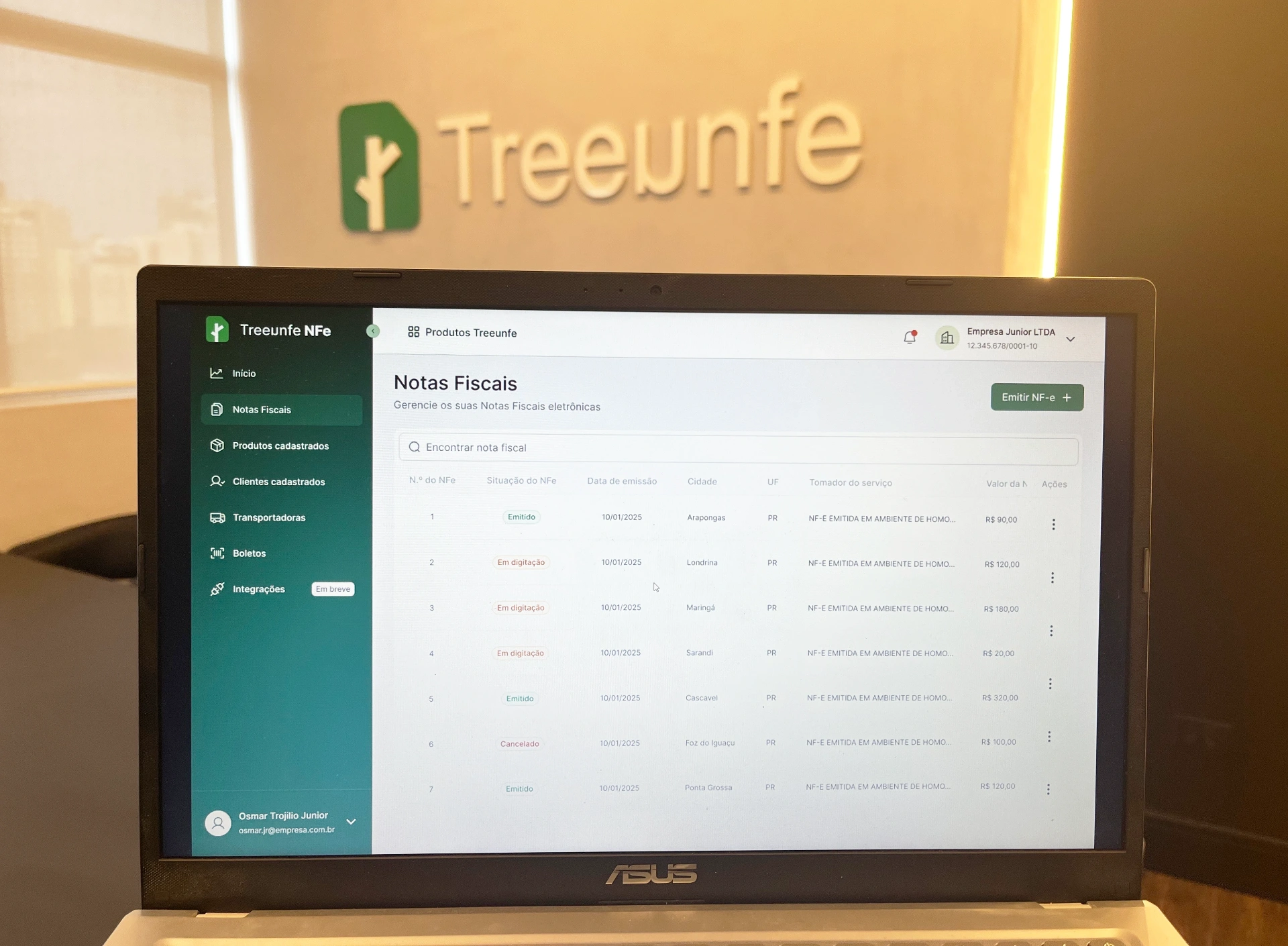 Interface do Treeunfe NFe mostrando dashboard de notas fiscais eletrônicas